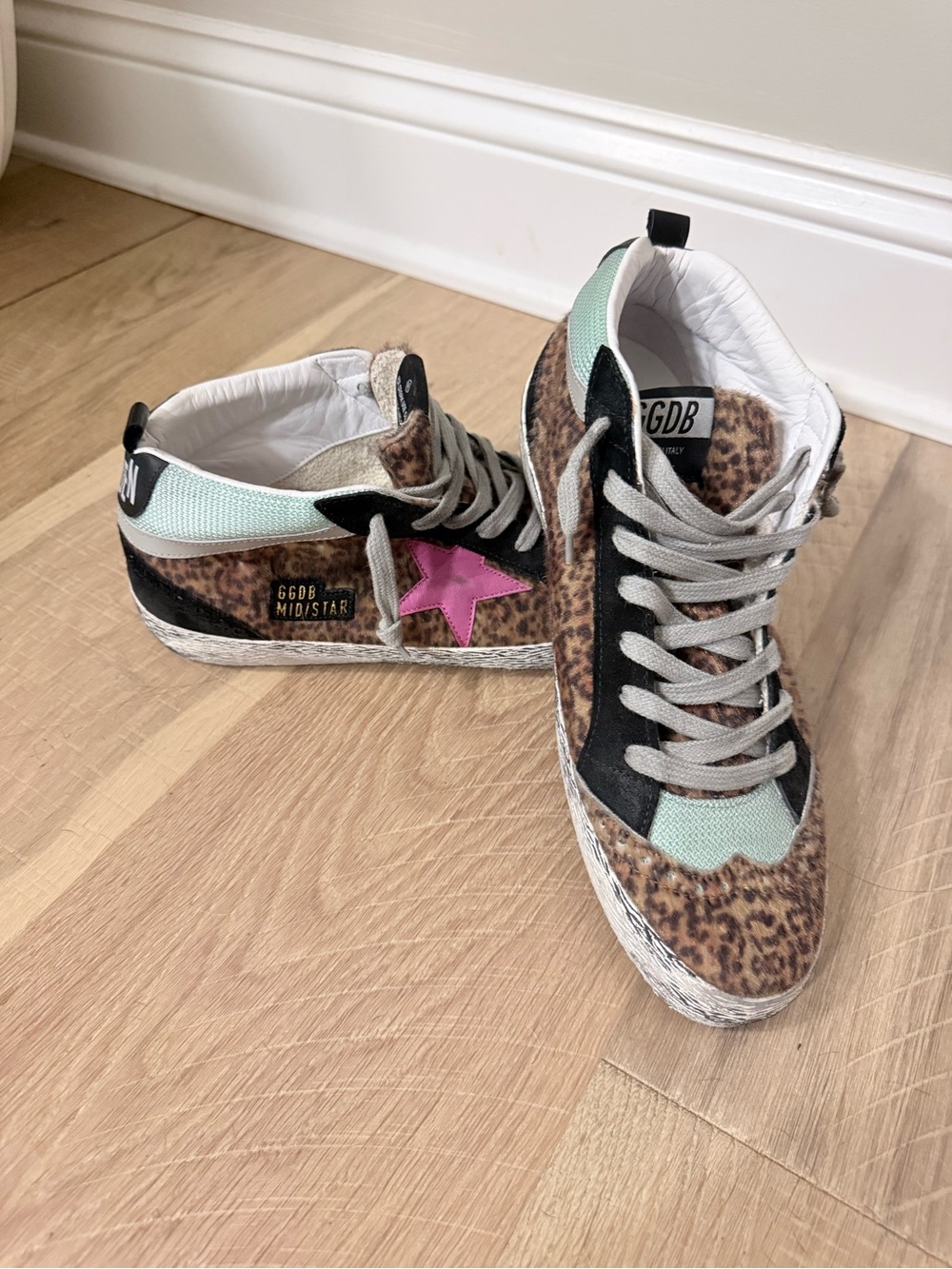 Golden Goose Leopard Suede Mid-Star Sneakers with Pink Star and Mint Heel